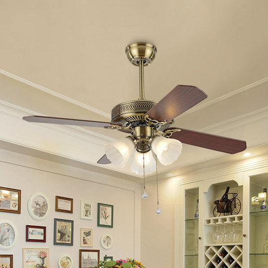 42" Wide 3 Bulbs Semi Flush Light Rustic Bell Shade Frosted Glass Pull Chain Ceiling Fan Lamp with 4 Blades Clearhalo 'Ceiling Fans with Lights' 'Ceiling Fans' Lighting' 1985750