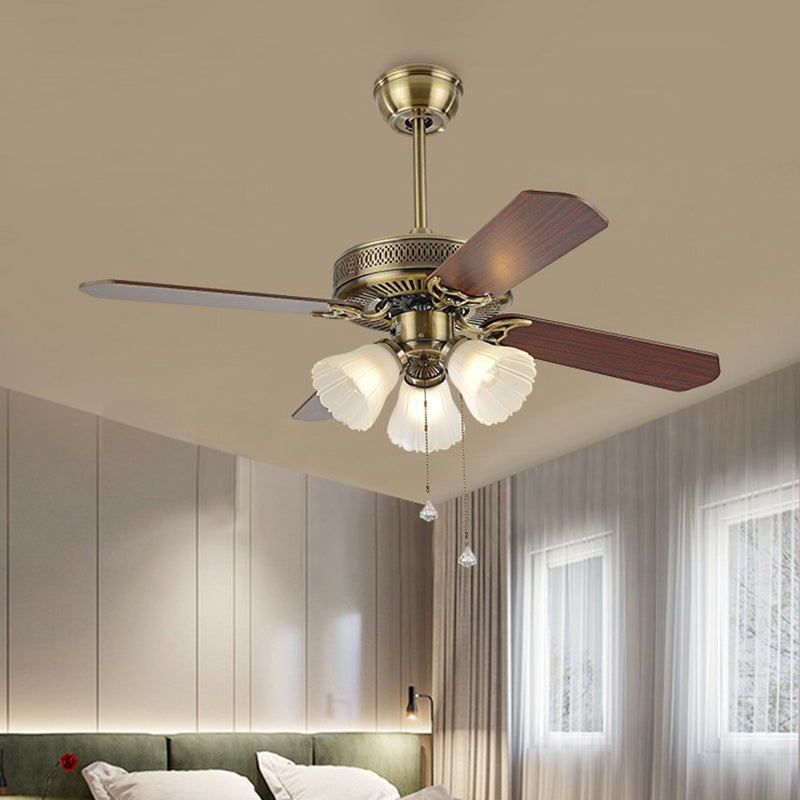 42" Wide 3 Bulbs Semi Flush Light Rustic Bell Shade Frosted Glass Pull Chain Ceiling Fan Lamp with 4 Blades Clearhalo 'Ceiling Fans with Lights' 'Ceiling Fans' Lighting' 1985752