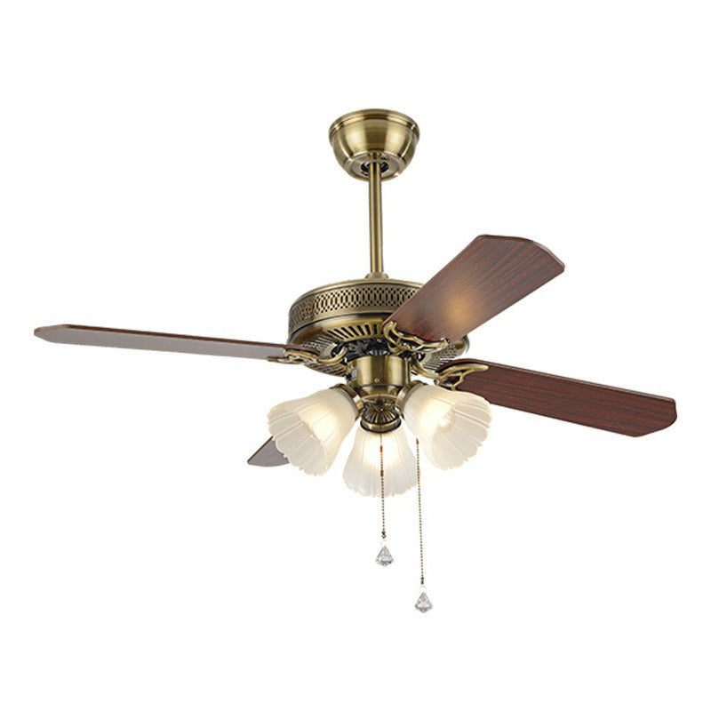 42" Wide 3 Bulbs Semi Flush Light Rustic Bell Shade Frosted Glass Pull Chain Ceiling Fan Lamp with 4 Blades Clearhalo 'Ceiling Fans with Lights' 'Ceiling Fans' Lighting' 1985753