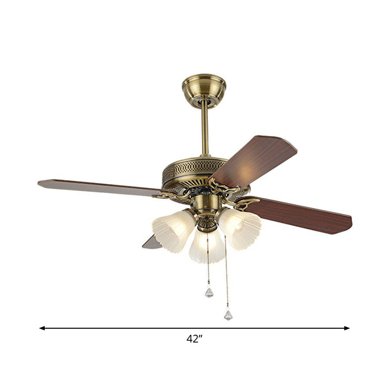 42" Wide 3 Bulbs Semi Flush Light Rustic Bell Shade Frosted Glass Pull Chain Ceiling Fan Lamp with 4 Blades Clearhalo 'Ceiling Fans with Lights' 'Ceiling Fans' Lighting' 1985754