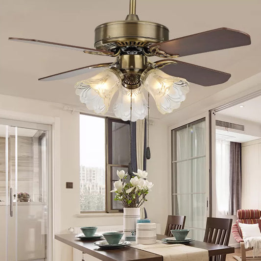 Gold Flower Semi-Flush Mount Countryside Frosted Glass 3-Light Dining Room Hanging Fan Light, 4 Blades Gold Clearhalo 'Ceiling Fans with Lights' 'Ceiling Fans' Lighting' 1985755