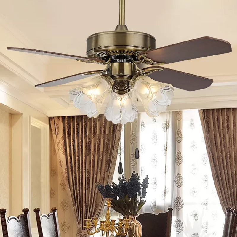 Gold Flower Semi-Flush Mount Countryside Frosted Glass 3-Light Dining Room Hanging Fan Light, 4 Blades Clearhalo 'Ceiling Fans with Lights' 'Ceiling Fans' Lighting' 1985756