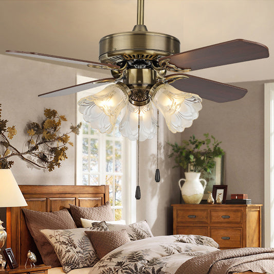 Gold Flower Semi-Flush Mount Countryside Frosted Glass 3-Light Dining Room Hanging Fan Light, 4 Blades Clearhalo 'Ceiling Fans with Lights' 'Ceiling Fans' Lighting' 1985757