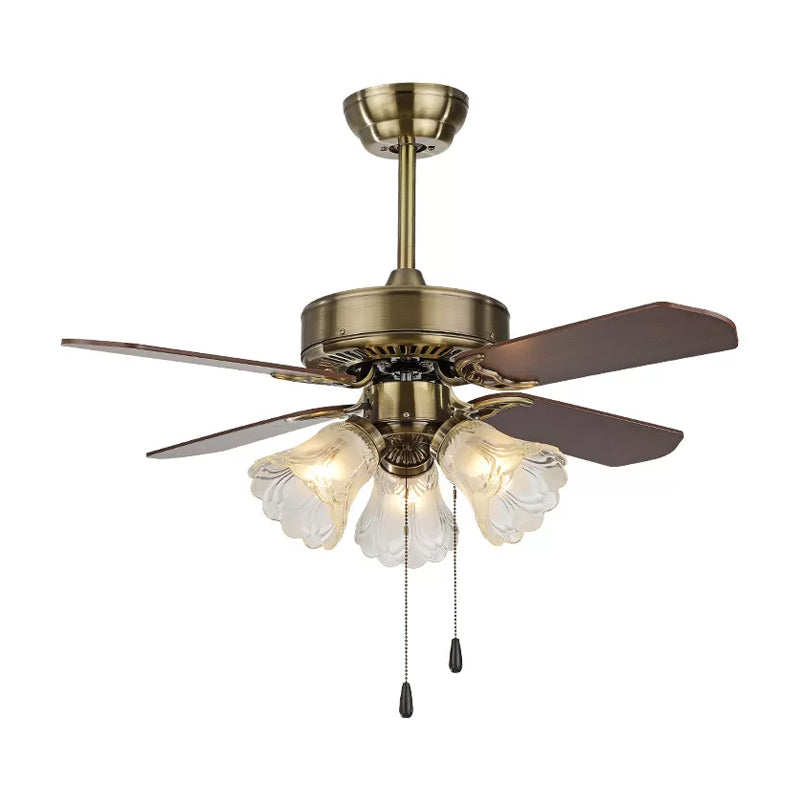Gold Flower Semi-Flush Mount Countryside Frosted Glass 3-Light Dining Room Hanging Fan Light, 4 Blades Clearhalo 'Ceiling Fans with Lights' 'Ceiling Fans' Lighting' 1985758