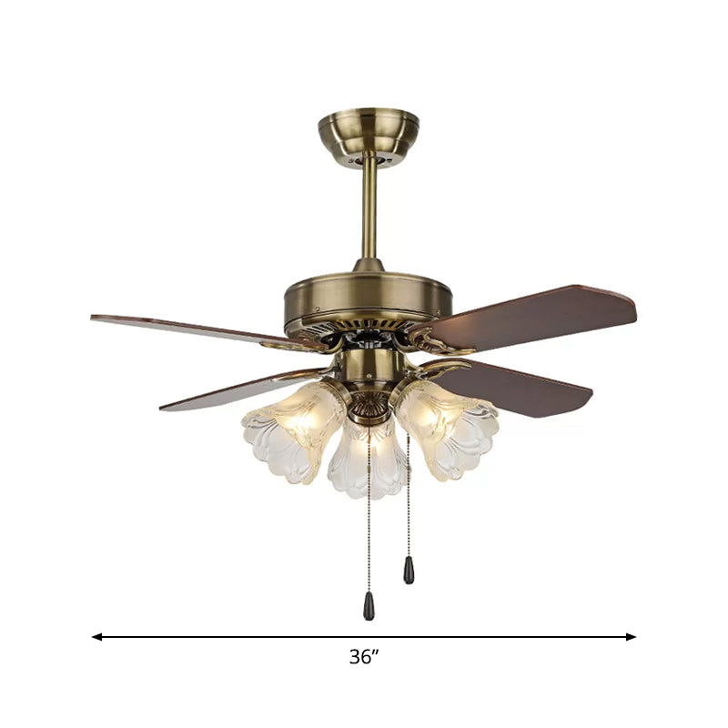 Gold Flower Semi-Flush Mount Countryside Frosted Glass 3-Light Dining Room Hanging Fan Light, 4 Blades Clearhalo 'Ceiling Fans with Lights' 'Ceiling Fans' Lighting' 1985759