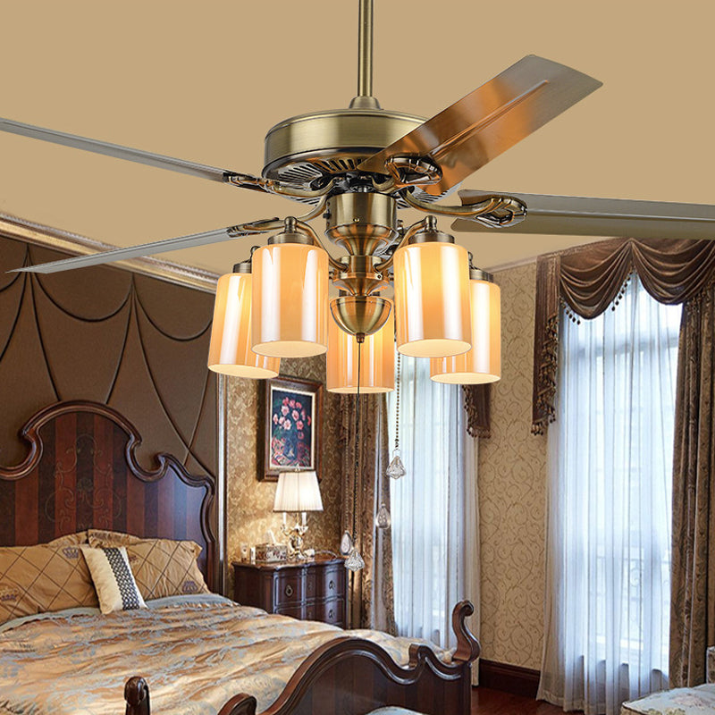5-Blade Cylinder Living Room Semi Flush Rustic Amber Glass 52" Wide 5 Heads Gold Hanging Fan Lamp Fixture with Pull Chain Gold Clearhalo 'Ceiling Fans with Lights' 'Ceiling Fans' Lighting' 1985761