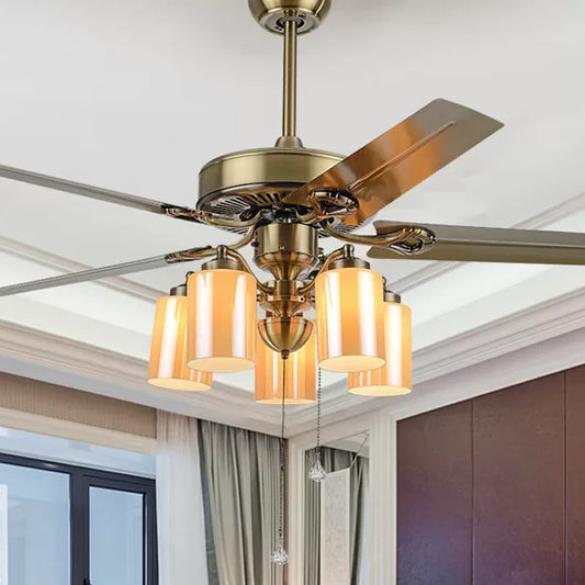 5-Blade Cylinder Living Room Semi Flush Rustic Amber Glass 52" Wide 5 Heads Gold Hanging Fan Lamp Fixture with Pull Chain Clearhalo 'Ceiling Fans with Lights' 'Ceiling Fans' Lighting' 1985762