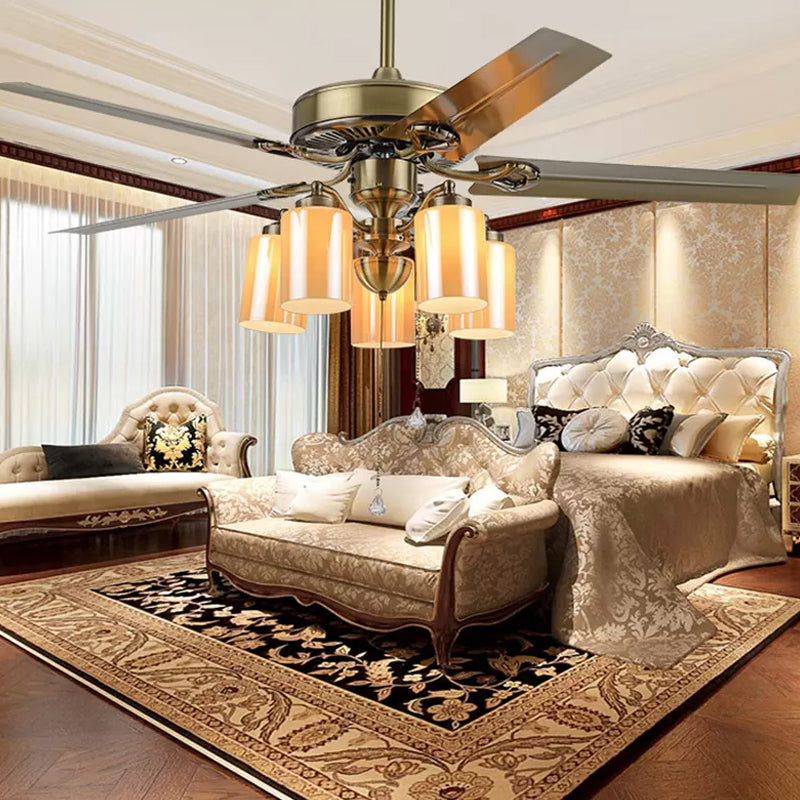5-Blade Cylinder Living Room Semi Flush Rustic Amber Glass 52" Wide 5 Heads Gold Hanging Fan Lamp Fixture with Pull Chain Clearhalo 'Ceiling Fans with Lights' 'Ceiling Fans' Lighting' 1985763