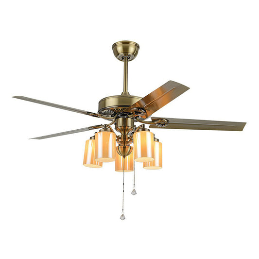 5-Blade Cylinder Living Room Semi Flush Rustic Amber Glass 52" Wide 5 Heads Gold Hanging Fan Lamp Fixture with Pull Chain Clearhalo 'Ceiling Fans with Lights' 'Ceiling Fans' Lighting' 1985764