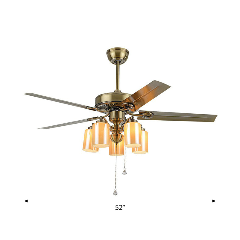 5-Blade Cylinder Living Room Semi Flush Rustic Amber Glass 52" Wide 5 Heads Gold Hanging Fan Lamp Fixture with Pull Chain Clearhalo 'Ceiling Fans with Lights' 'Ceiling Fans' Lighting' 1985765