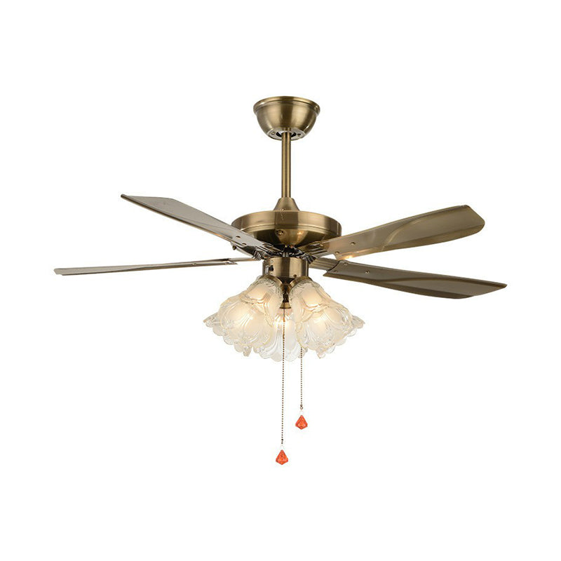 5-Light Pendant Fan Light Classic Living Room 5-Blade Semi Flush Mount Lighting with Floral Frosted Glass Shade, 42" Wide Bronze Clearhalo 'Ceiling Fans with Lights' 'Ceiling Fans' Lighting' 1985766