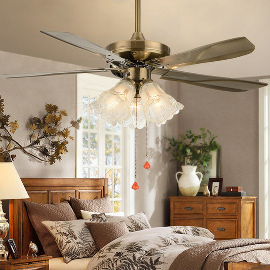 5-Light Pendant Fan Light Classic Living Room 5-Blade Semi Flush Mount Lighting with Floral Frosted Glass Shade, 42" Wide Clearhalo 'Ceiling Fans with Lights' 'Ceiling Fans' Lighting' 1985767