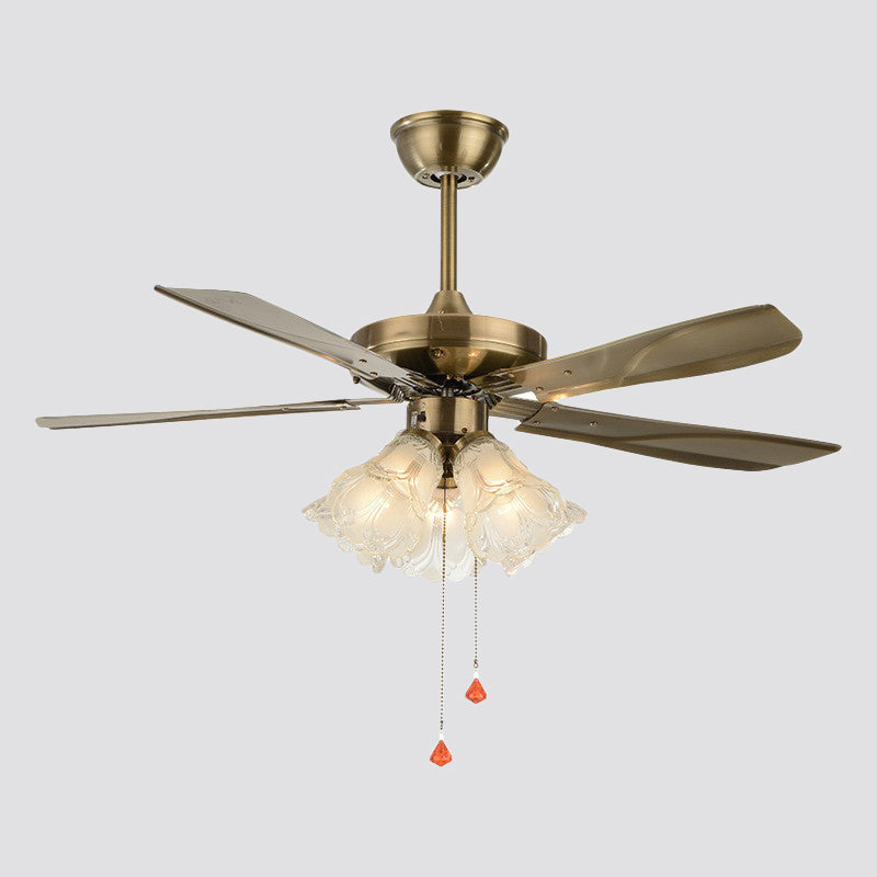 5-Light Pendant Fan Light Classic Living Room 5-Blade Semi Flush Mount Lighting with Floral Frosted Glass Shade, 42" Wide Clearhalo 'Ceiling Fans with Lights' 'Ceiling Fans' Lighting' 1985768