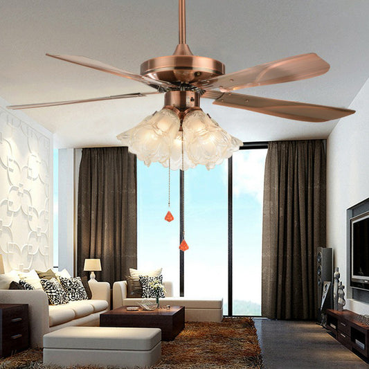 5-Light Pendant Fan Light Classic Living Room 5-Blade Semi Flush Mount Lighting with Floral Frosted Glass Shade, 42" Wide Copper Clearhalo 'Ceiling Fans with Lights' 'Ceiling Fans' Lighting' 1985770
