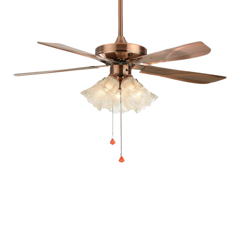 5-Light Pendant Fan Light Classic Living Room 5-Blade Semi Flush Mount Lighting with Floral Frosted Glass Shade, 42" Wide Clearhalo 'Ceiling Fans with Lights' 'Ceiling Fans' Lighting' 1985771