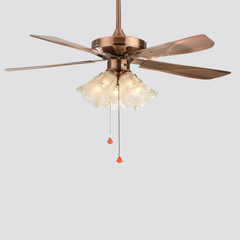 5-Light Pendant Fan Light Classic Living Room 5-Blade Semi Flush Mount Lighting with Floral Frosted Glass Shade, 42" Wide Clearhalo 'Ceiling Fans with Lights' 'Ceiling Fans' Lighting' 1985772