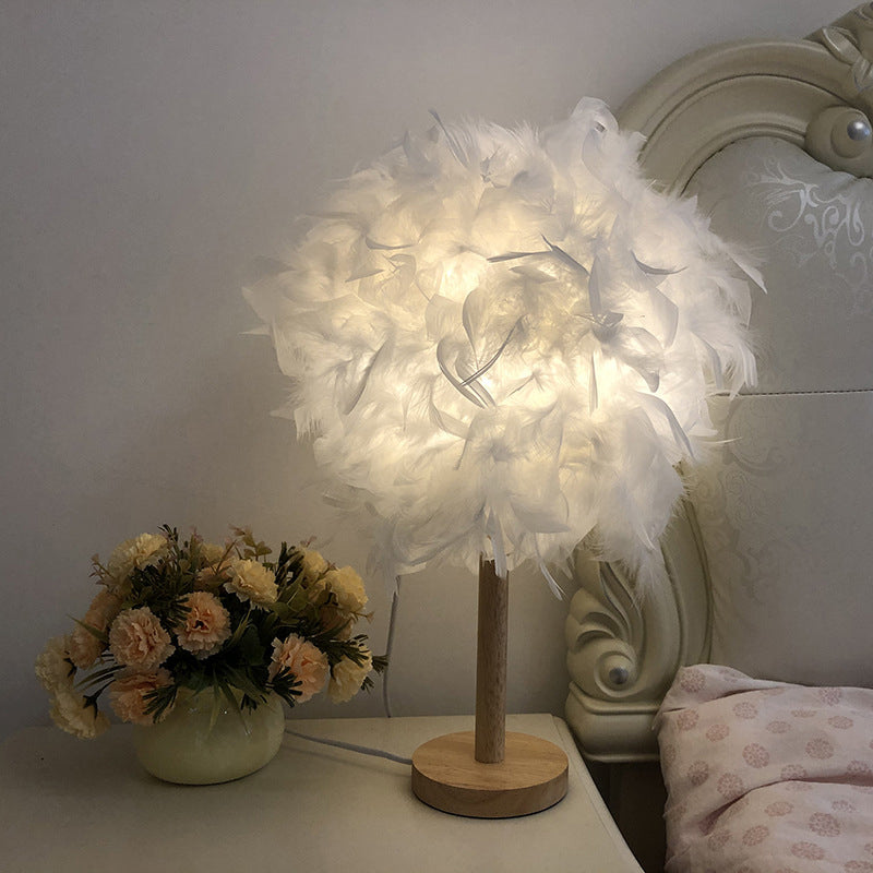 Nordic 1 Head Night Table Lamp White Ball Nightstand Light with Feather Shade and Wood Base Clearhalo 'Lamps' 'Table Lamps' Lighting' 1985874