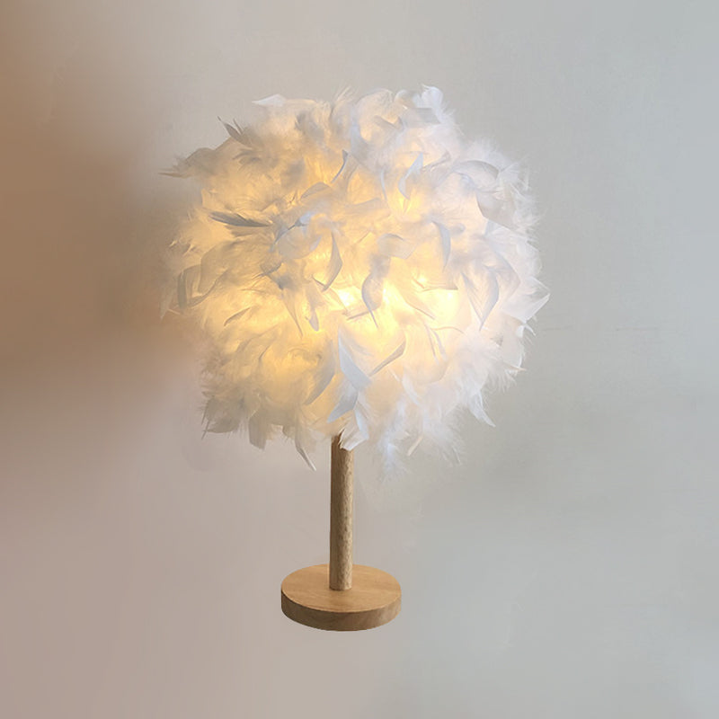 Nordic 1 Head Night Table Lamp White Ball Nightstand Light with Feather Shade and Wood Base Clearhalo 'Lamps' 'Table Lamps' Lighting' 1985876