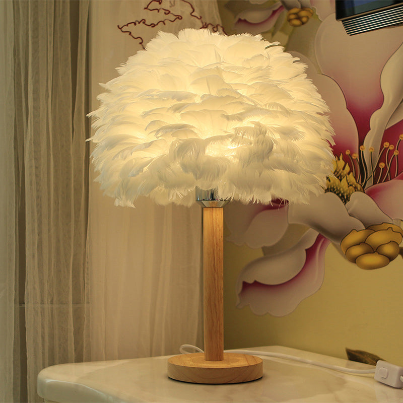 Feather Flower-Like Night Lamp Modern 1-Light Grey/Blue/Burgundy and Wood Table Light for Bedroom Clearhalo 'Lamps' 'Table Lamps' Lighting' 1985879