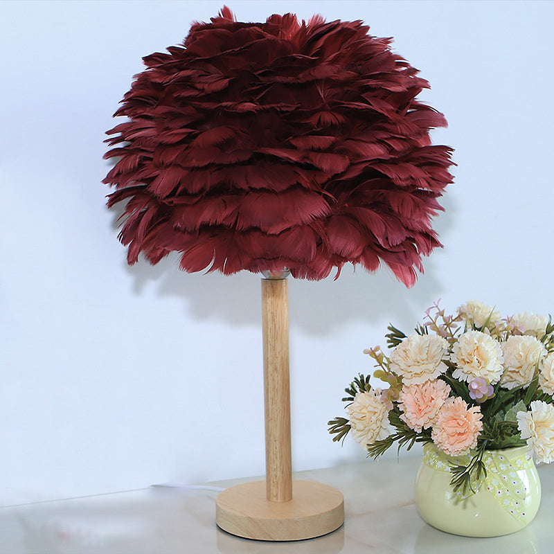 Feather Flower-Like Night Lamp Modern 1-Light Grey/Blue/Burgundy and Wood Table Light for Bedroom Burgundy Clearhalo 'Lamps' 'Table Lamps' Lighting' 1985881
