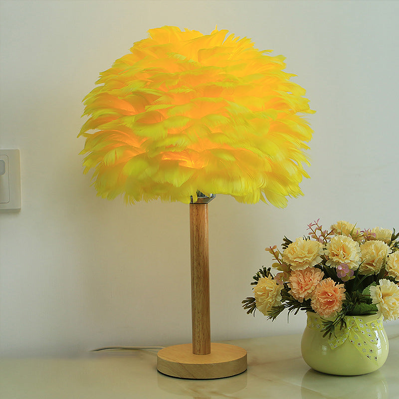 Feather Flower-Like Night Lamp Modern 1-Light Grey/Blue/Burgundy and Wood Table Light for Bedroom Yellow Clearhalo 'Lamps' 'Table Lamps' Lighting' 1985885