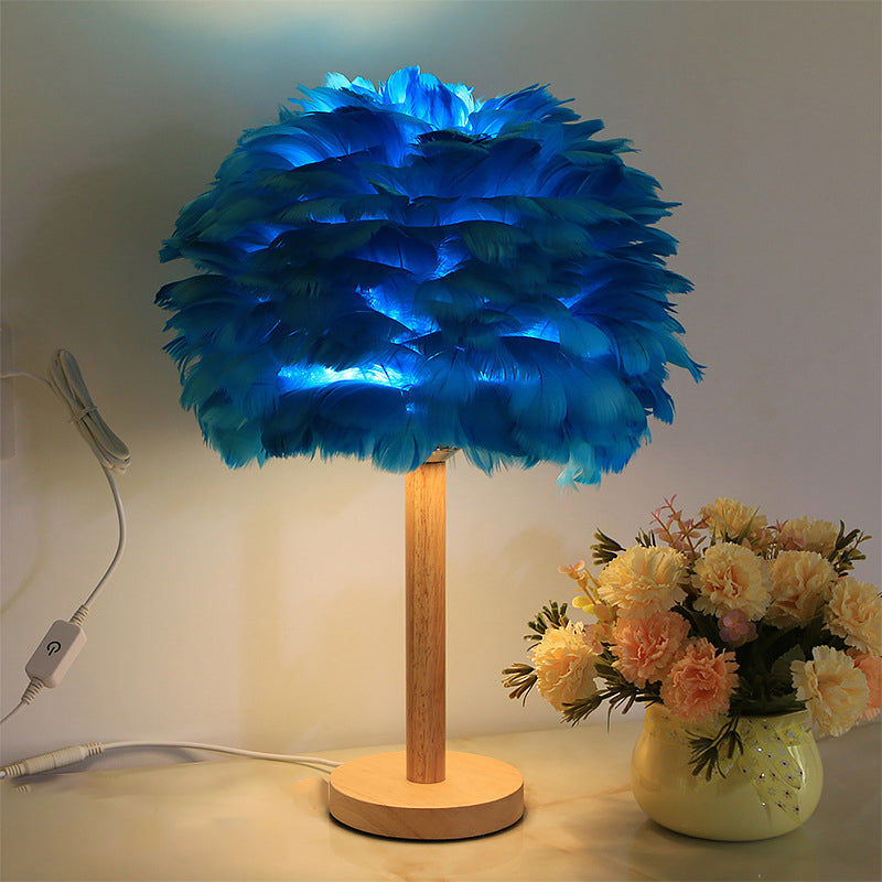 Feather Flower-Like Night Lamp Modern 1-Light Grey/Blue/Burgundy and Wood Table Light for Bedroom Blue Clearhalo 'Lamps' 'Table Lamps' Lighting' 1985887