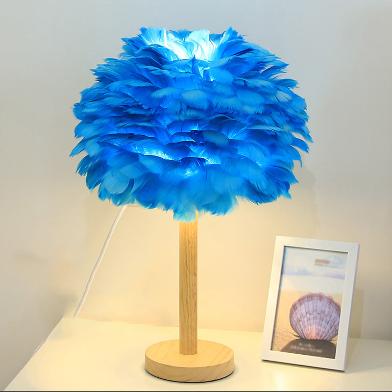 Feather Flower-Like Night Lamp Modern 1-Light Grey/Blue/Burgundy and Wood Table Light for Bedroom Clearhalo 'Lamps' 'Table Lamps' Lighting' 1985888