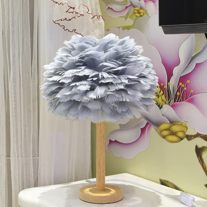 Feather Flower-Like Night Lamp Modern 1-Light Grey/Blue/Burgundy and Wood Table Light for Bedroom Grey Clearhalo 'Lamps' 'Table Lamps' Lighting' 1985889