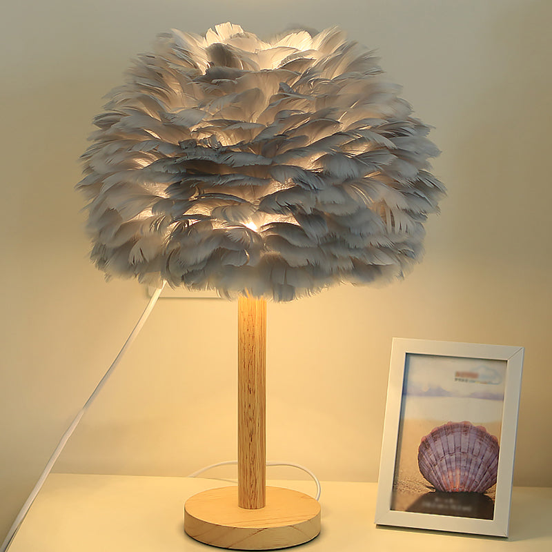 Feather Flower-Like Night Lamp Modern 1-Light Grey/Blue/Burgundy and Wood Table Light for Bedroom Clearhalo 'Lamps' 'Table Lamps' Lighting' 1985890