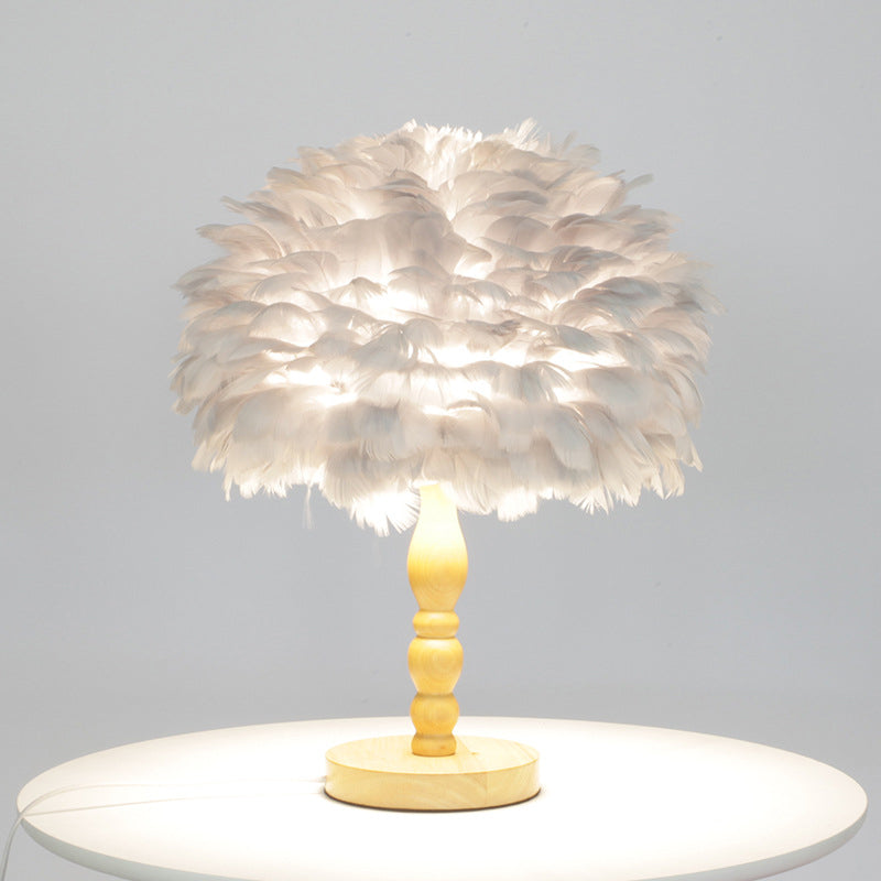 Wood Baluster Table Light Simplicity 1 Bulb Night Stand Lamp with Dome Feather Shade in Grey/White Clearhalo 'Lamps' 'Table Lamps' Lighting' 1985893