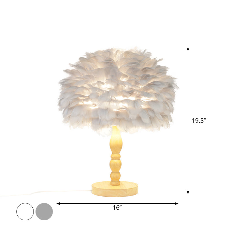 Wood Baluster Table Light Simplicity 1 Bulb Night Stand Lamp with Dome Feather Shade in Grey/White Clearhalo 'Lamps' 'Table Lamps' Lighting' 1985895