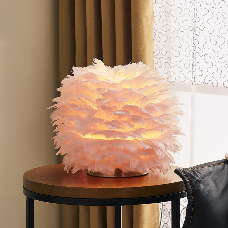 Grey/White/Pink Spherical Night Lamp Nordic Single-Bulb Feather Table Stand Light for Living Room Clearhalo 'Lamps' 'Table Lamps' Lighting' 1985912