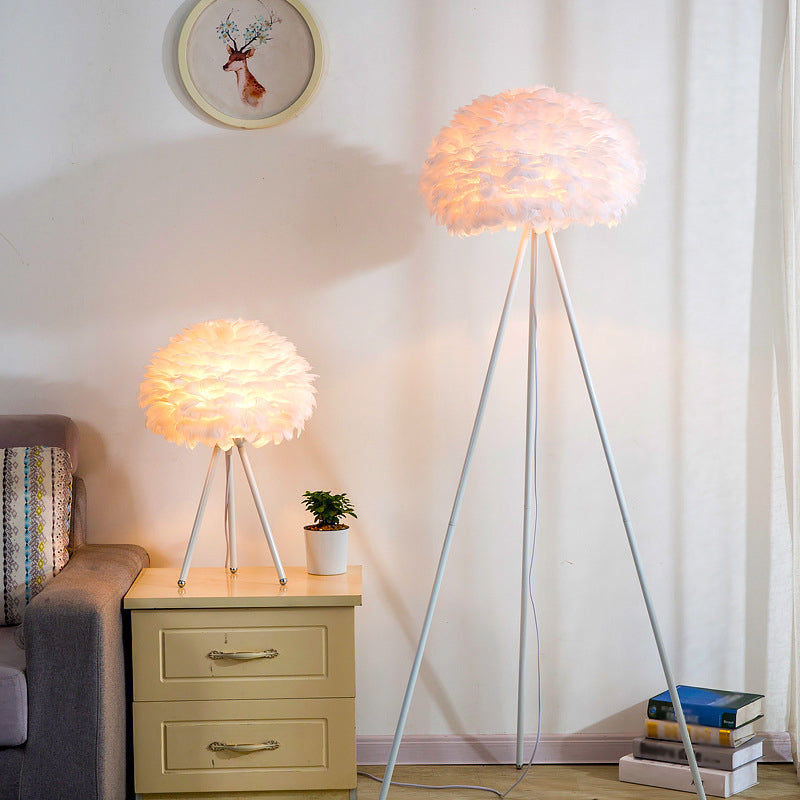 Bloom Nightstand Lamp Nordic Feather Single White/Pink Table Light with White/Gold Tripod for Bedroom Clearhalo 'Lamps' 'Table Lamps' Lighting' 1985934