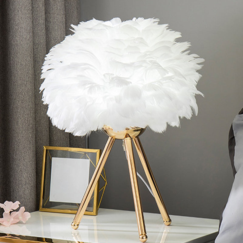 Bloom Nightstand Lamp Nordic Feather Single White/Pink Table Light with White/Gold Tripod for Bedroom Clearhalo 'Lamps' 'Table Lamps' Lighting' 1985935