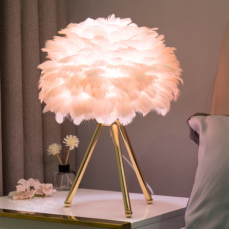 Bloom Nightstand Lamp Nordic Feather Single White/Pink Table Light with White/Gold Tripod for Bedroom Gold Pink Clearhalo 'Lamps' 'Table Lamps' Lighting' 1985938
