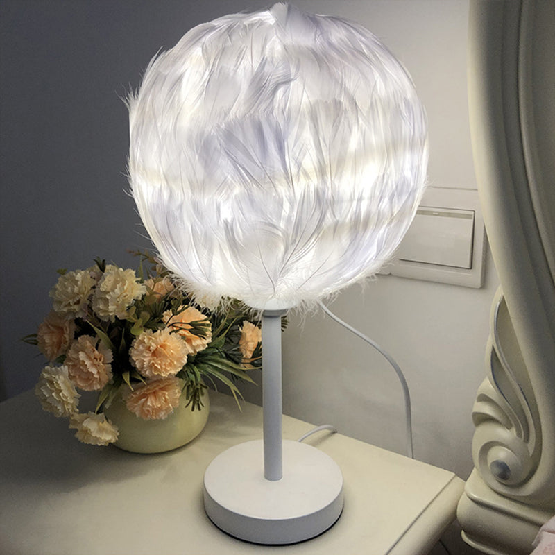 Handmade Sphere Feather Table Light Nordic Style 1-Light White/Pink/Rose Red Nightstand Lamp with Plug-in Cord White Clearhalo 'Lamps' 'Table Lamps' Lighting' 1985959