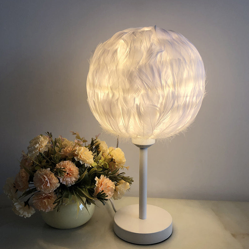 Handmade Sphere Feather Table Light Nordic Style 1-Light White/Pink/Rose Red Nightstand Lamp with Plug-in Cord Clearhalo 'Lamps' 'Table Lamps' Lighting' 1985960