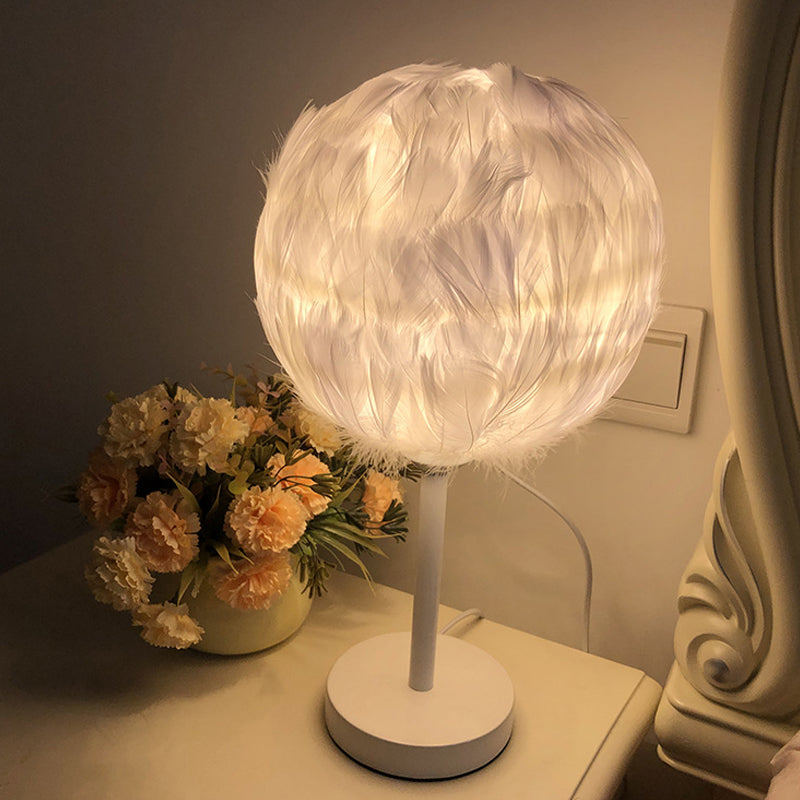 Handmade Sphere Feather Table Light Nordic Style 1-Light White/Pink/Rose Red Nightstand Lamp with Plug-in Cord Clearhalo 'Lamps' 'Table Lamps' Lighting' 1985961
