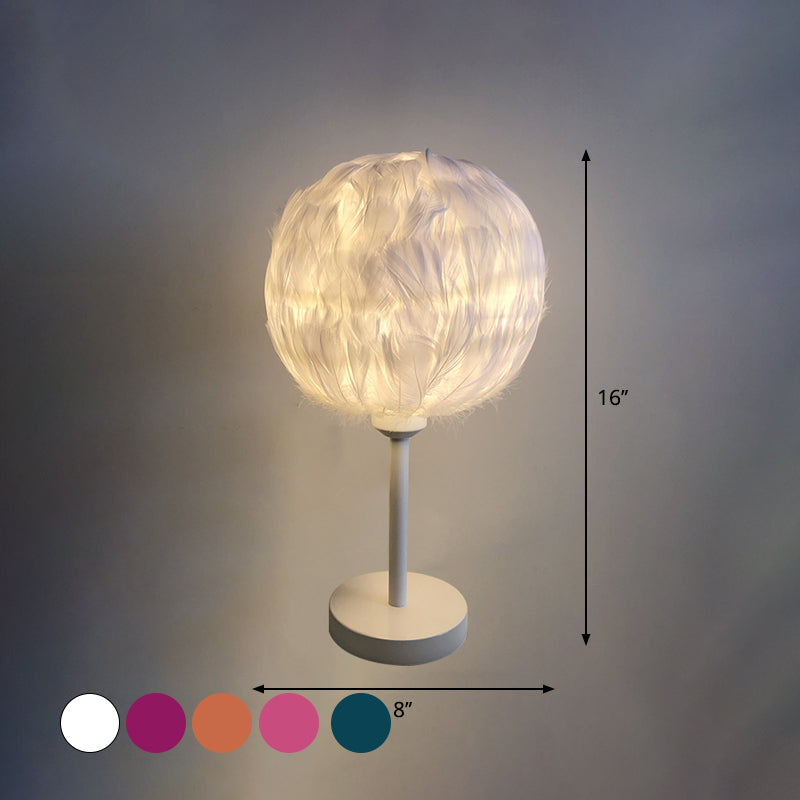 Handmade Sphere Feather Table Light Nordic Style 1-Light White/Pink/Rose Red Nightstand Lamp with Plug-in Cord Clearhalo 'Lamps' 'Table Lamps' Lighting' 1985963