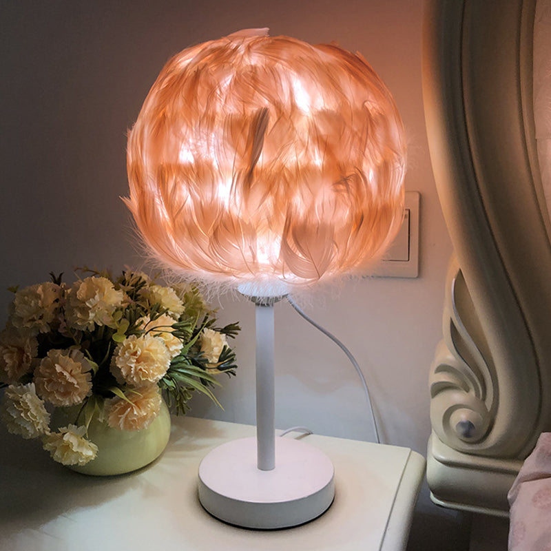 Handmade Sphere Feather Table Light Nordic Style 1-Light White/Pink/Rose Red Nightstand Lamp with Plug-in Cord Pink Clearhalo 'Lamps' 'Table Lamps' Lighting' 1985968