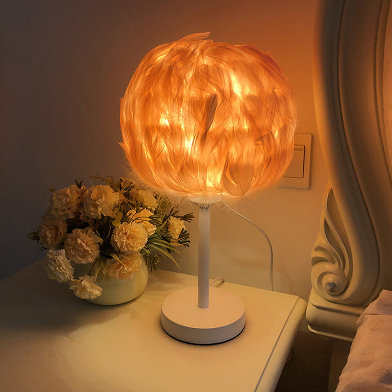 Handmade Sphere Feather Table Light Nordic Style 1-Light White/Pink/Rose Red Nightstand Lamp with Plug-in Cord Clearhalo 'Lamps' 'Table Lamps' Lighting' 1985969