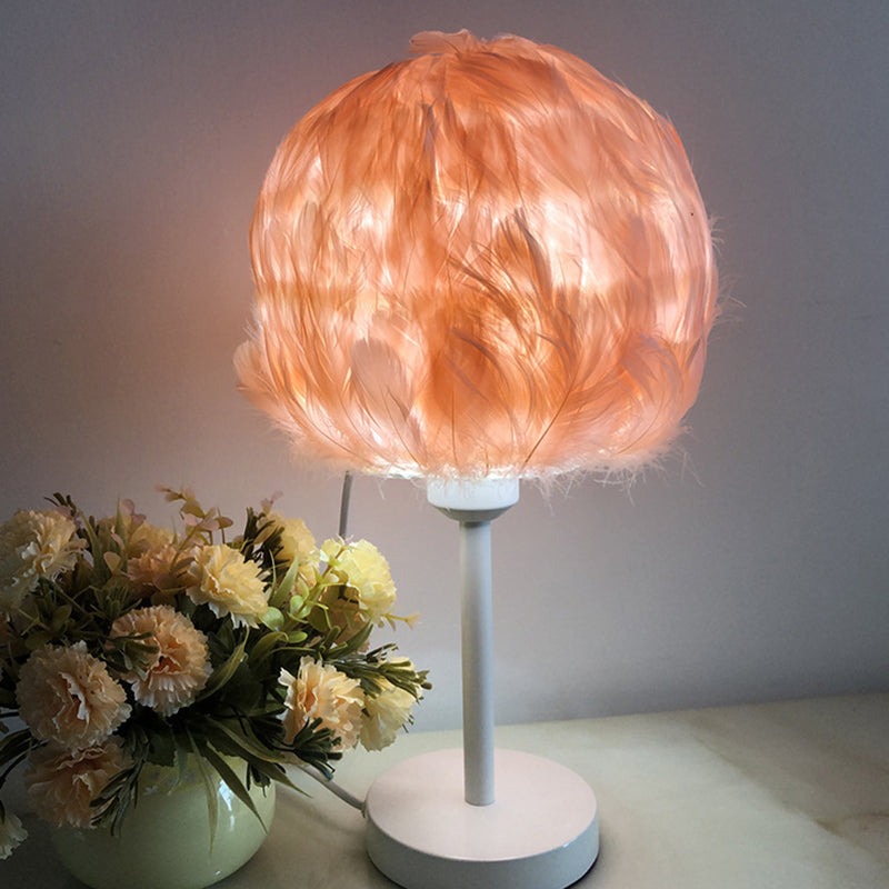 Handmade Sphere Feather Table Light Nordic Style 1-Light White/Pink/Rose Red Nightstand Lamp with Plug-in Cord Clearhalo 'Lamps' 'Table Lamps' Lighting' 1985970