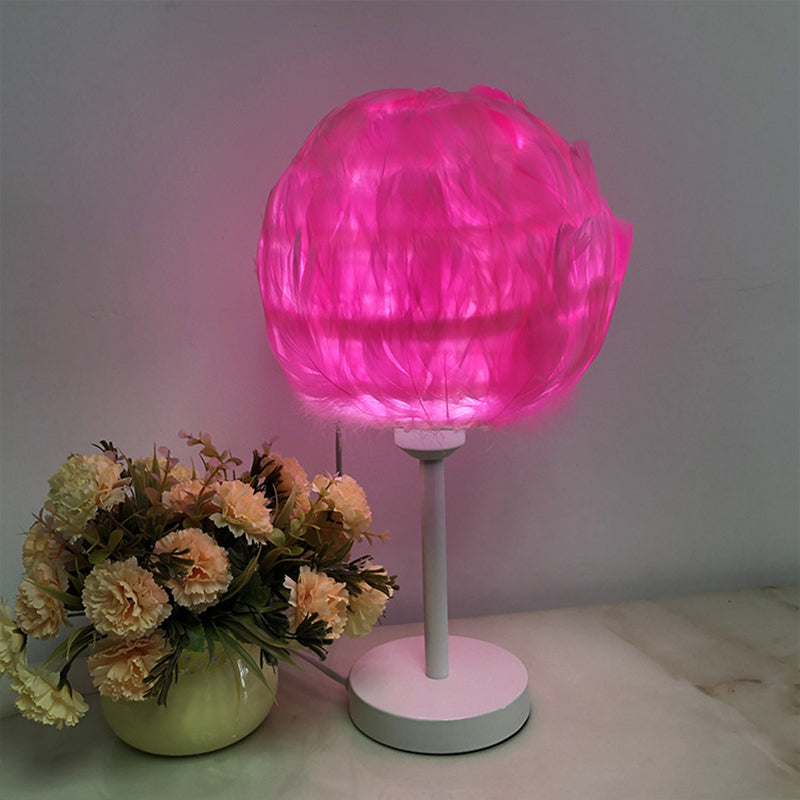 Handmade Sphere Feather Table Light Nordic Style 1-Light White/Pink/Rose Red Nightstand Lamp with Plug-in Cord Red Clearhalo 'Lamps' 'Table Lamps' Lighting' 1985972
