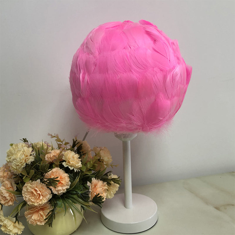 Handmade Sphere Feather Table Light Nordic Style 1-Light White/Pink/Rose Red Nightstand Lamp with Plug-in Cord Clearhalo 'Lamps' 'Table Lamps' Lighting' 1985973