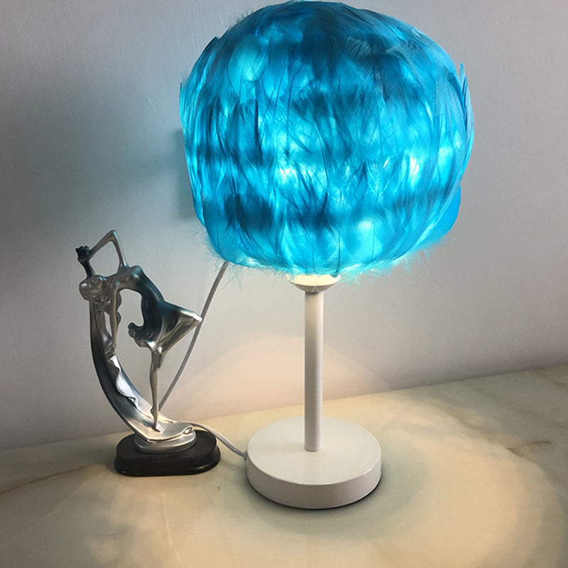 Handmade Sphere Feather Table Light Nordic Style 1-Light White/Pink/Rose Red Nightstand Lamp with Plug-in Cord Blue Clearhalo 'Lamps' 'Table Lamps' Lighting' 1985976