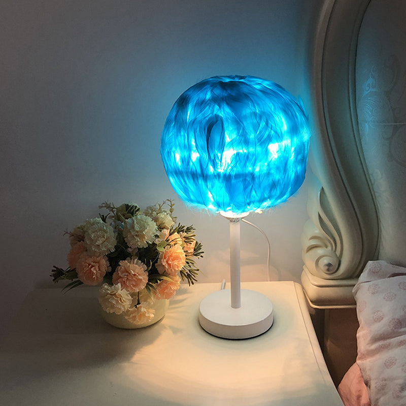 Handmade Sphere Feather Table Light Nordic Style 1-Light White/Pink/Rose Red Nightstand Lamp with Plug-in Cord Clearhalo 'Lamps' 'Table Lamps' Lighting' 1985978