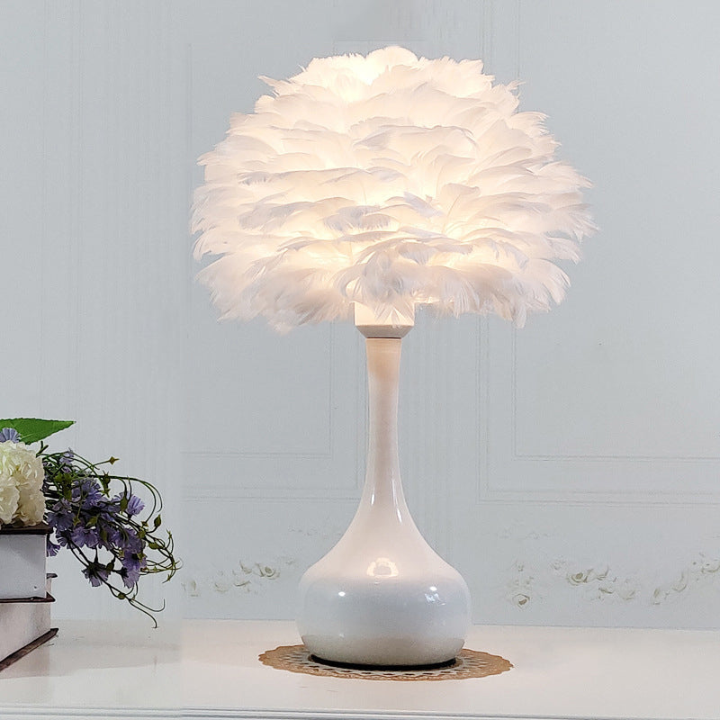 Natural Goose Feather Dome Night Light Modern 1-Bulb Grey/White/Pink Table Lamp with Teardrop Base Clearhalo 'Lamps' 'Table Lamps' Lighting' 1985982