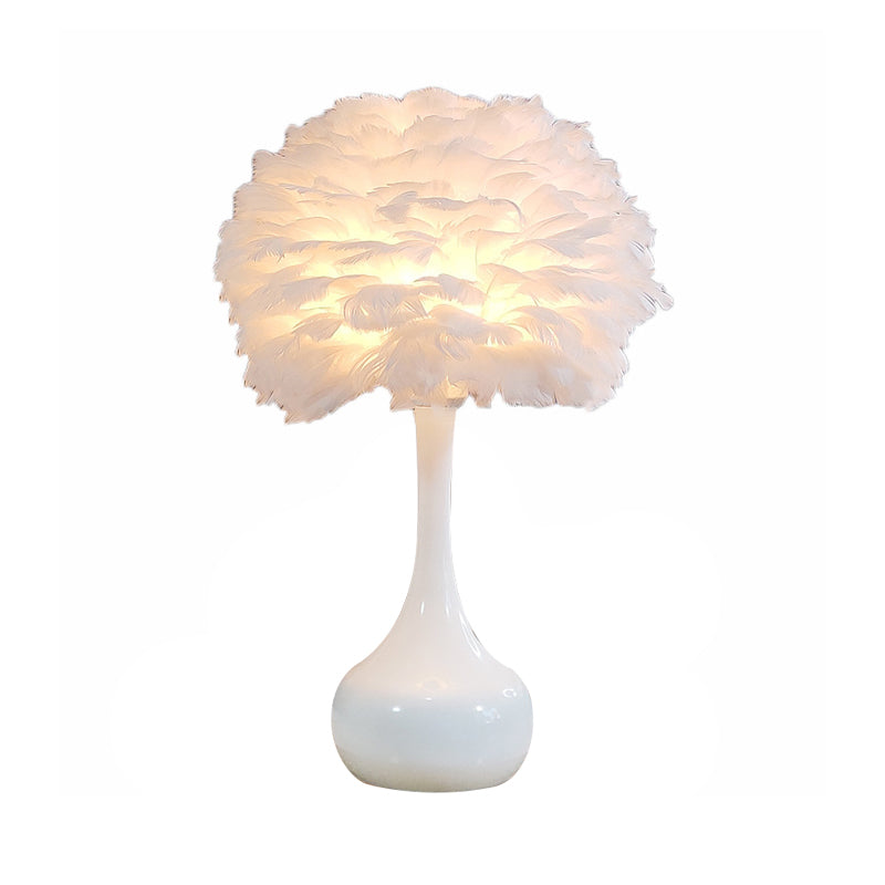 Natural Goose Feather Dome Night Light Modern 1-Bulb Grey/White/Pink Table Lamp with Teardrop Base Clearhalo 'Lamps' 'Table Lamps' Lighting' 1985983