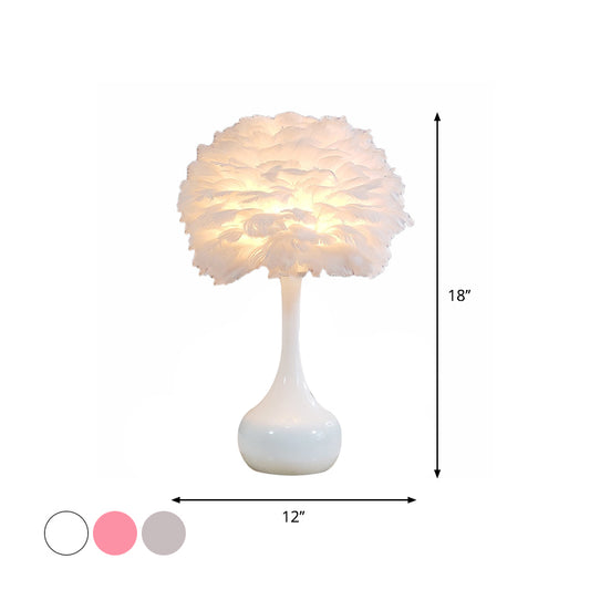 Natural Goose Feather Dome Night Light Modern 1-Bulb Grey/White/Pink Table Lamp with Teardrop Base Clearhalo 'Lamps' 'Table Lamps' Lighting' 1985984