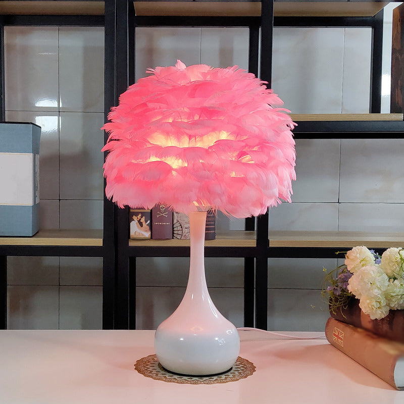 Natural Goose Feather Dome Night Light Modern 1-Bulb Grey/White/Pink Table Lamp with Teardrop Base Pink Clearhalo 'Lamps' 'Table Lamps' Lighting' 1985985